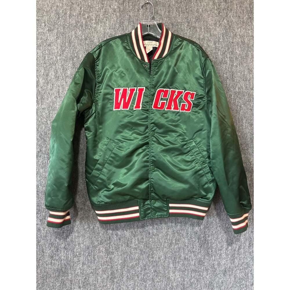 L.O.G.G. H&M Green Satin Varsity Bomber Jacket WICKS Embroidered Mens Size S
